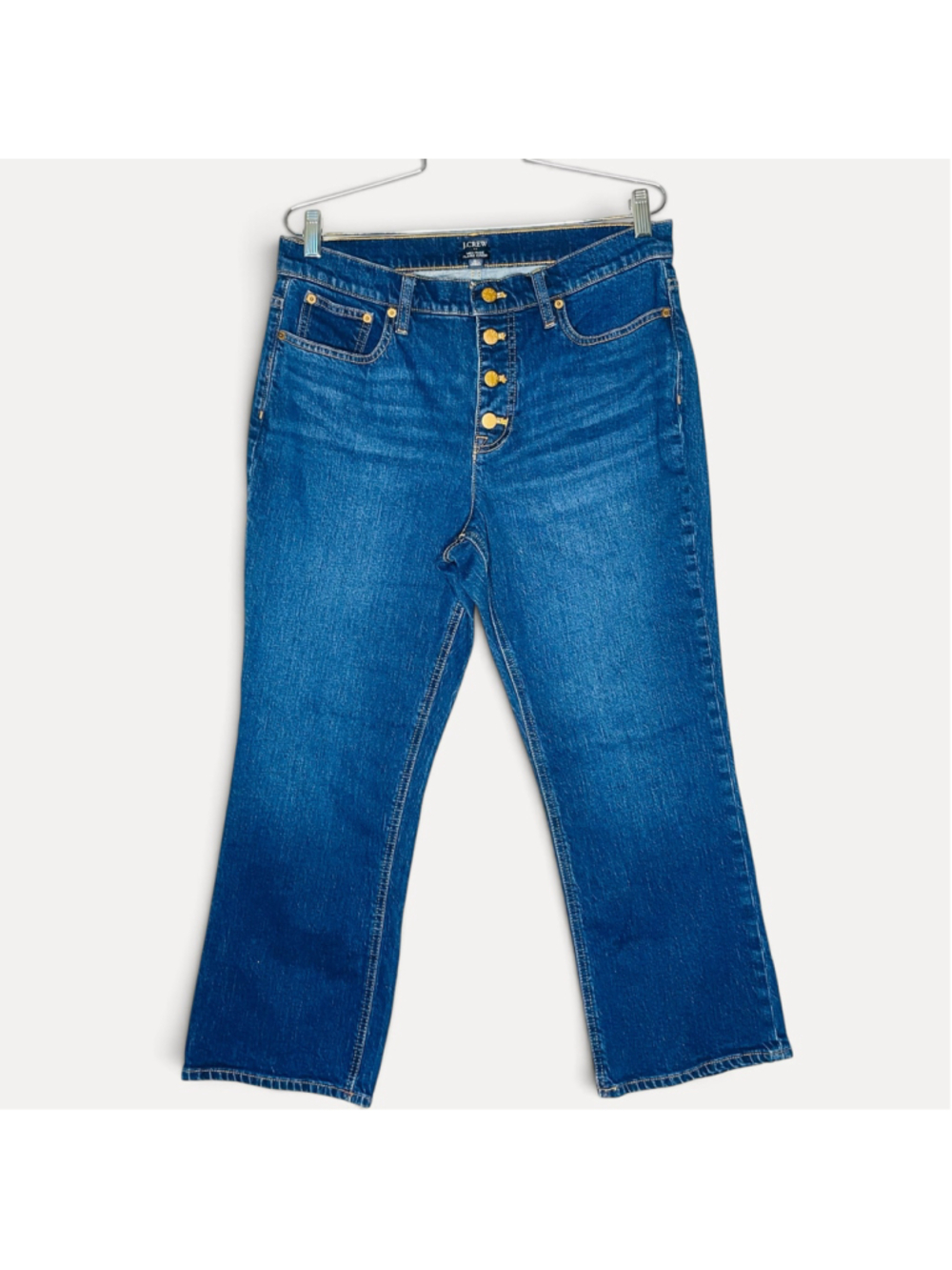 J.Crew Mid Rise Flare Crop Jeans 31 Button Fly Blue Denim